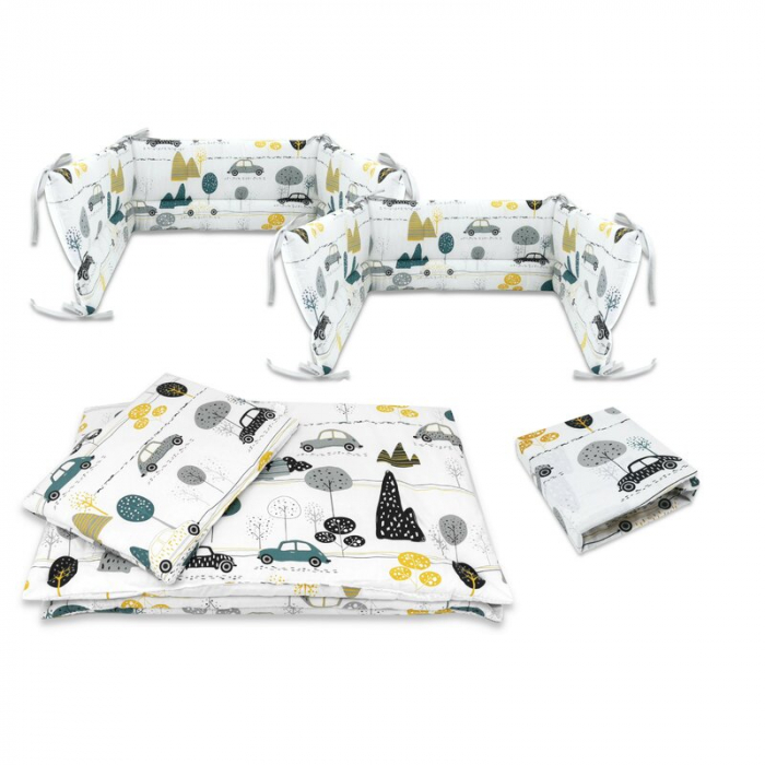 Lenjerie patut cu 5 piese, MimiNu, Cu cearceaf 120x60 cm, Pilota, Pernuta, 2 aparatori, Din bumbac certificat Oeko Tex Standard 100, Childrens Journey Grey [1]