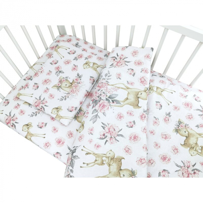 Lenjerie patut cu 5 piese, MimiNu, Cu cearceaf 120x60 cm, Pilota, Pernuta, 2 aparatori, Din bumbac certificat Oeko Tex Standard 100, Sweet Deer Pink [3]