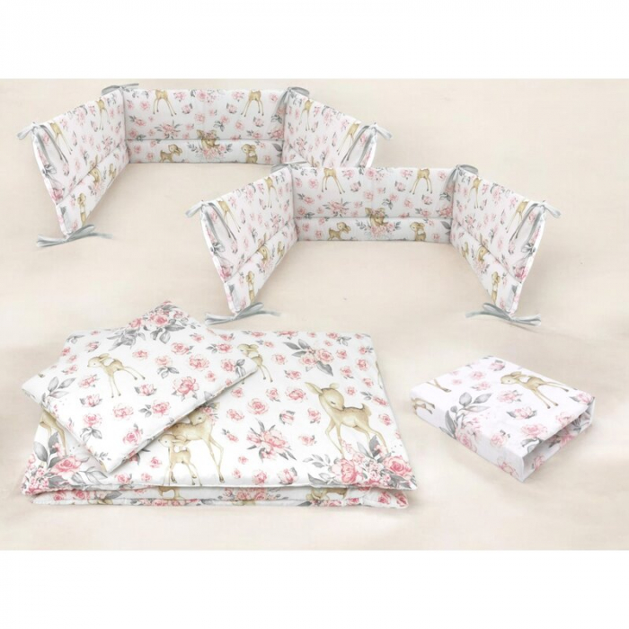 Lenjerie patut cu 5 piese, MimiNu, Cu cearceaf 120x60 cm, Pilota, Pernuta, 2 aparatori, Din bumbac certificat Oeko Tex Standard 100, Sweet Deer Pink [2]