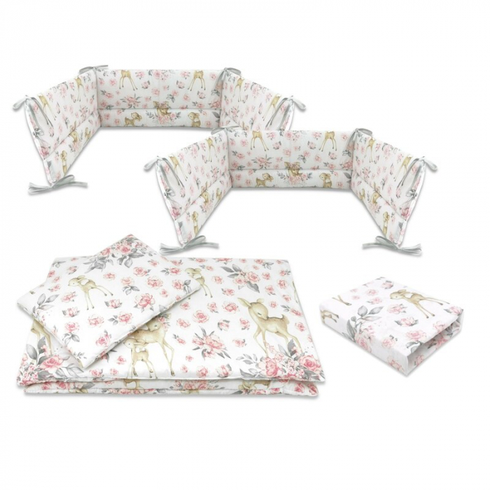 Lenjerie patut cu 5 piese, MimiNu, Cu cearceaf 120x60 cm, Pilota, Pernuta, 2 aparatori, Din bumbac certificat Oeko Tex Standard 100, Sweet Deer Pink [1]