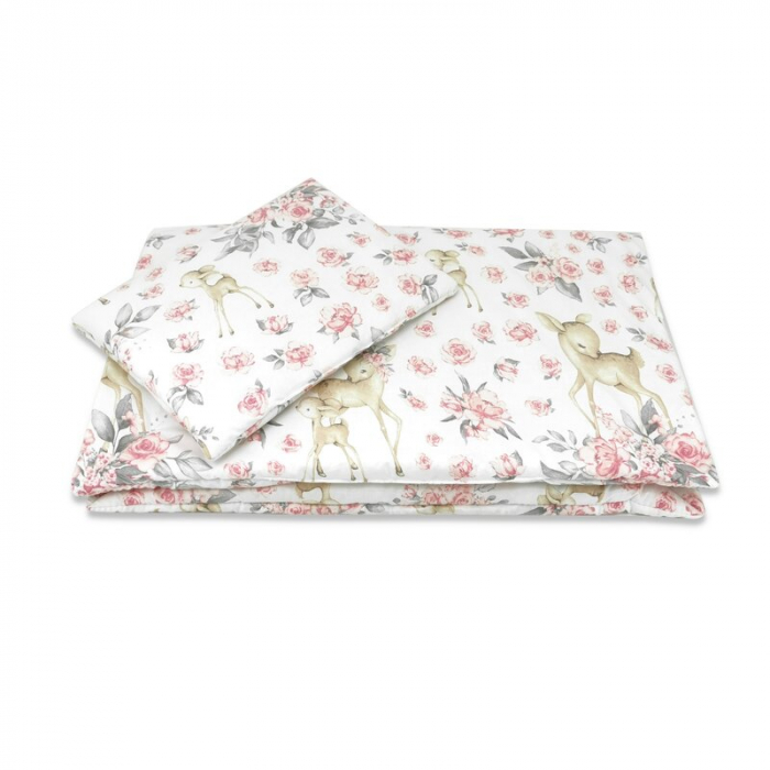 Lenjerie patut cu 5 piese, MimiNu, Cu cearceaf 120x60 cm, Pilota, Pernuta, 2 aparatori, Din bumbac certificat Oeko Tex Standard 100, Sweet Deer Pink [6]