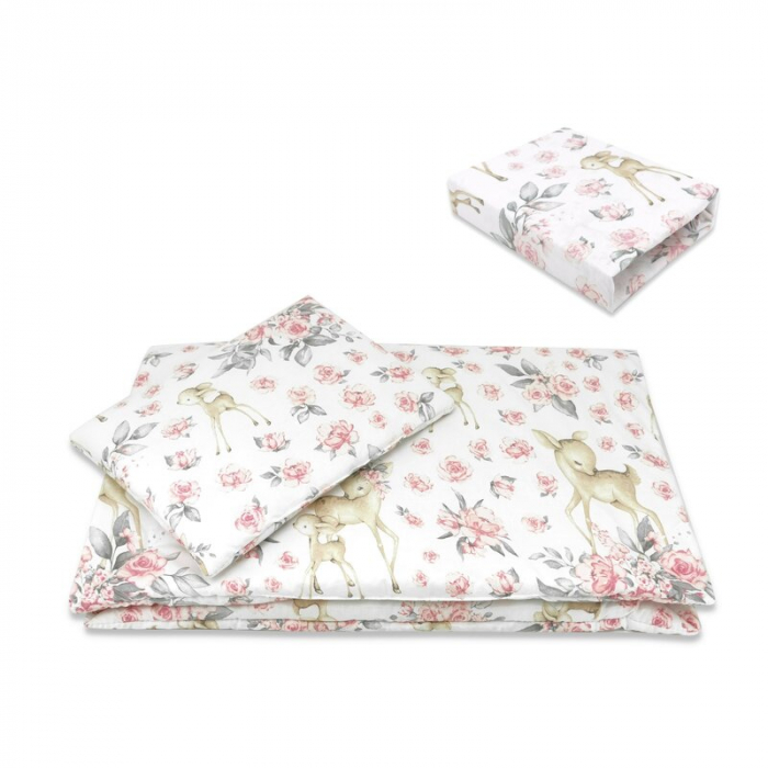 Lenjerie patut cu 5 piese, MimiNu, Cu cearceaf 120x60 cm, Pilota, Pernuta, 2 aparatori, Din bumbac certificat Oeko Tex Standard 100, Sweet Deer Pink [4]
