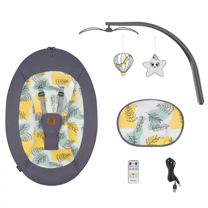 Lionelo - Balansoar si sezlong copii, Ralf, 2 in 1, Electric, Cu telecomanda si cablu USB, Cu miscare laterala de balansare si 5 niveluri diferite de viteza, Cu 12 melodii, Gri [23]