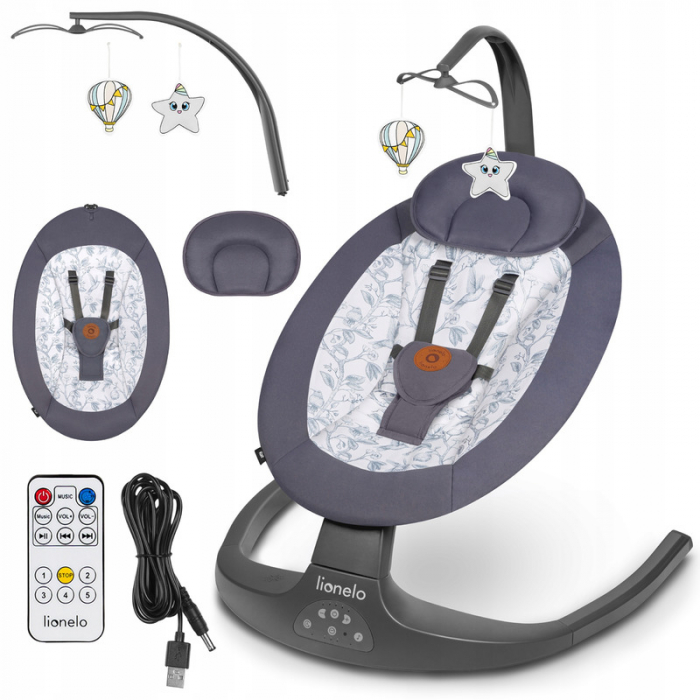 Lionelo - Balansoar si sezlong copii, Ralf, 2 in 1, Electric, Cu telecomanda si cablu USB, Cu miscare laterala de balansare si 5 niveluri diferite de viteza, Cu 12 melodii, Gri Grafit [2]