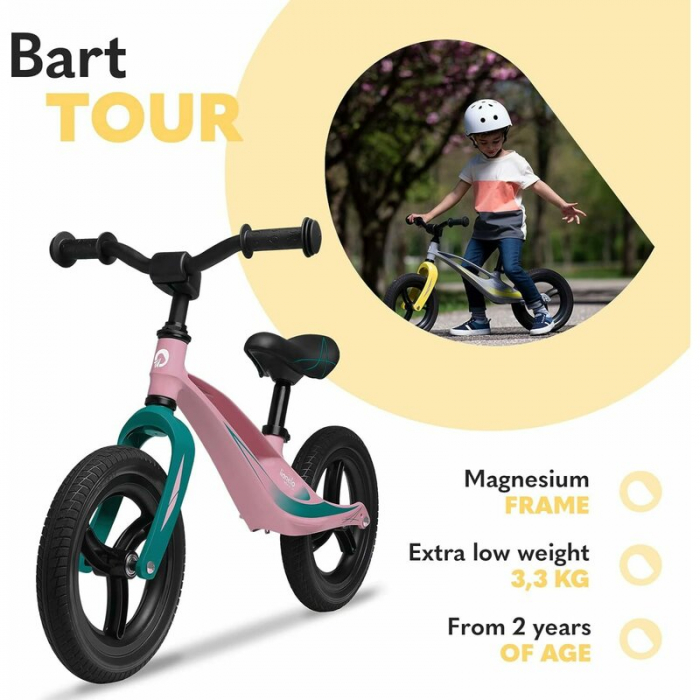 Lionelo - Bicicleta usoara Bart Tour, Fara pedale, Cu cadru din magneziu, Cu ghidon si sa reglabile, Greutate 3.8 Kg, 12 inch, Conform cu standardul european de securitate EN71, Pink Bubblegum [17]