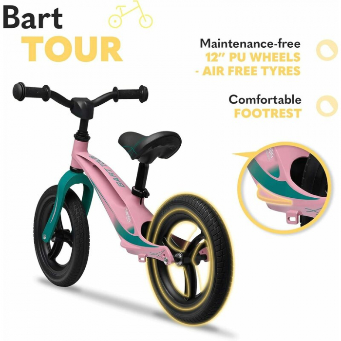 Lionelo - Bicicleta usoara Bart Tour, Fara pedale, Cu cadru din magneziu, Cu ghidon si sa reglabile, Greutate 3.8 Kg, 12 inch, Conform cu standardul european de securitate EN71, Pink Bubblegum [18]