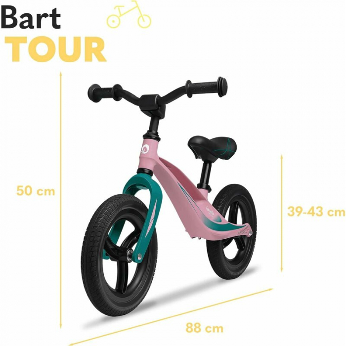 Lionelo - Bicicleta usoara Bart Tour, Fara pedale, Cu cadru din magneziu, Cu ghidon si sa reglabile, Greutate 3.8 Kg, 12 inch, Conform cu standardul european de securitate EN71, Pink Bubblegum [21]