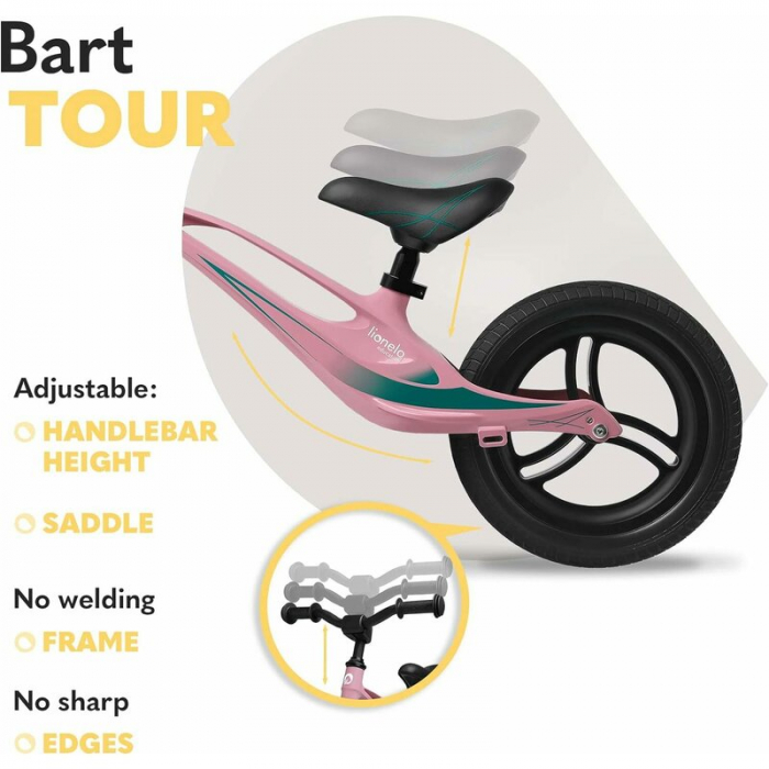 Lionelo - Bicicleta usoara Bart Tour, Fara pedale, Cu cadru din magneziu, Cu ghidon si sa reglabile, Greutate 3.8 Kg, 12 inch, Conform cu standardul european de securitate EN71, Pink Bubblegum [19]
