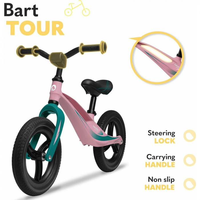 Lionelo - Bicicleta usoara Bart Tour, Fara pedale, Cu cadru din magneziu, Cu ghidon si sa reglabile, Greutate 3.8 Kg, 12 inch, Conform cu standardul european de securitate EN71, Pink Bubblegum [20]