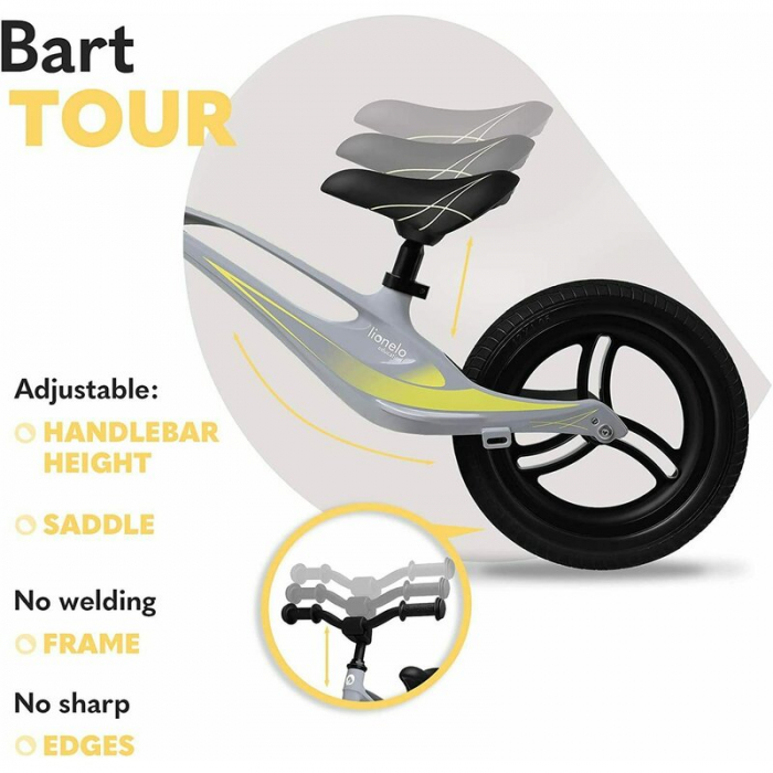 Lionelo - Bicicleta usoara Bart Tour, Fara pedale, Cu cadru din magneziu, Cu ghidon si sa reglabile, Greutate 3.8 Kg, 12 inch, Conform cu standardul european de securitate EN71, Grey Stone [10]