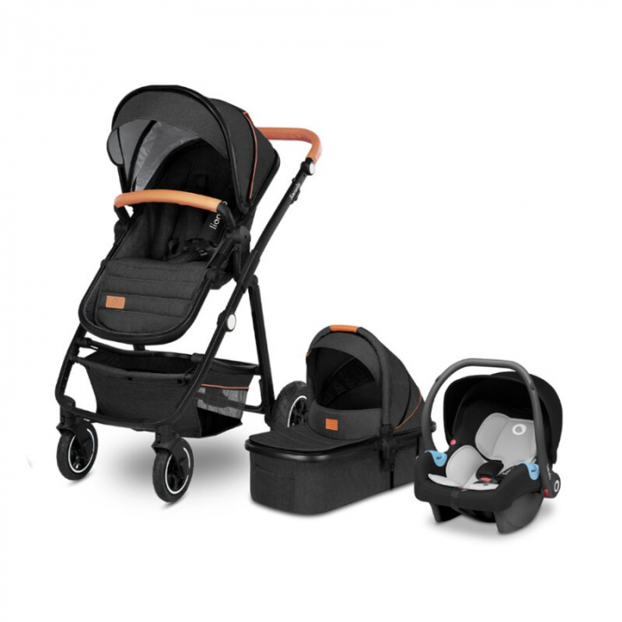 Lionelo - Carucior Amber 3 in 1, Cadru aluminiu, Cu landou intarit si salteluta moale, Scoica auto, Reversibil, Maner ajustabil, Huse pentru picioare, ploaie, Plasa de tantar, Geanta parinti, Pana la  [1]