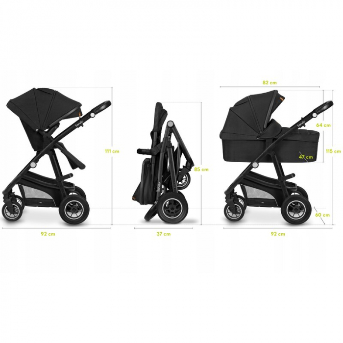 Lionelo - Carucior Bianka, 3 in 1, Cadru aluminiu, Cu landou intarit si salteluta moale, Maner ajustabil, Include saculet de picioare, Husa de ploaie si tantari, Geanta pentru parinti, Sustine 22 kg, [53]