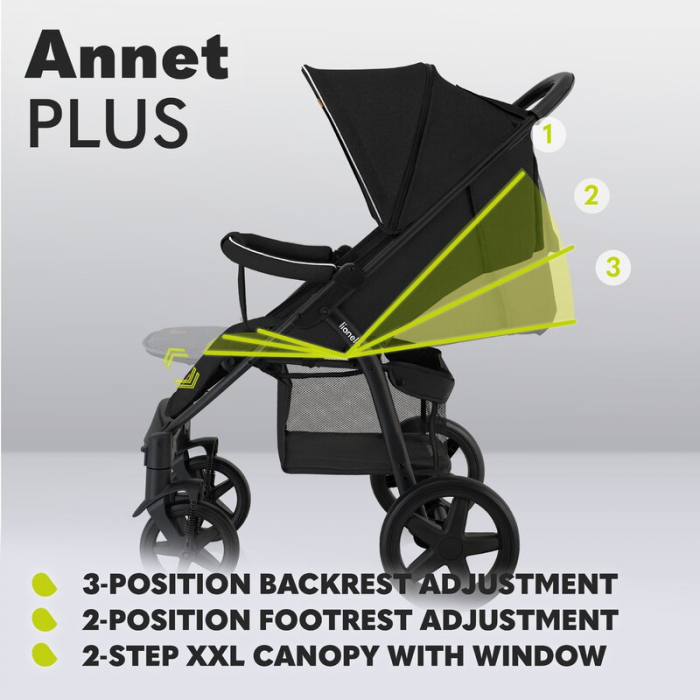 Lionelo - Carucior sport Annet Plus, De la nastere, Cu accesorii si capotina XXL reglabila, 0 - 22 Kg, Conform cu standardele europene de securitate EN1888-1 si EN1888-2, Verde [30]