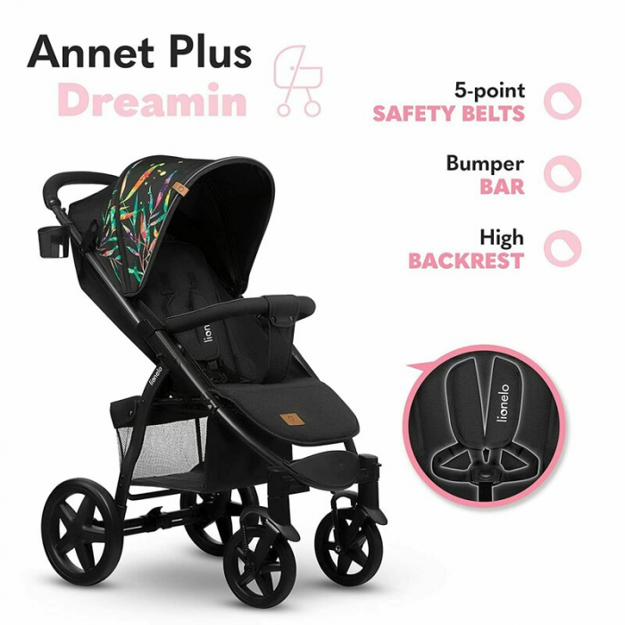 Lionelo - Carucior sport Annet Plus Dreamin\', Editie limitata, De la nastere, Cu accesorii, 0 - 22 Kg, Conform cu standardele europene de securitate EN1888-1 si EN1888-2, Negru [28]