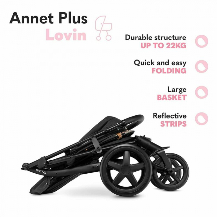 Lionelo - Carucior sport Annet Plus Lovin\', Editie limitata, De la nastere, Cu accesorii, 0 - 22 Kg, Conform cu standardele europene de securitate EN1888-1 si EN1888-2, Negru [21]