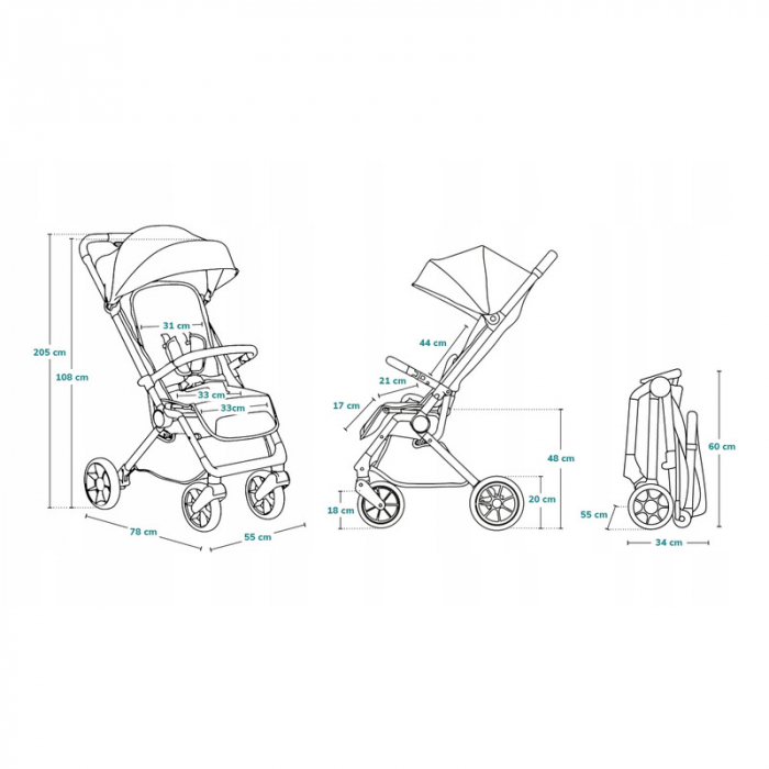 Lionelo - Carucior sport Cloe, De la nastere, Cu accesorii, Cadru din aluminiu, 0-22 kg, Usor, Pliabil cu o singura mana, Ideal pentru toate tipurile de suprafete, Verde smarald [35]