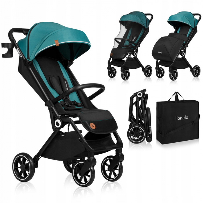 Lionelo - Carucior sport Cloe, De la nastere, Cu accesorii, Cadru din aluminiu, 0-22 kg, Usor, Pliabil cu o singura mana, Ideal pentru toate tipurile de suprafete, Verde smarald [2]
