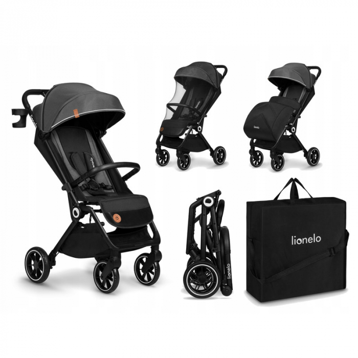 Lionelo - Carucior sport Cloe, De la nastere, Cu accesorii, Cadru din aluminiu, 0-22 kg, Usor, Pliabil cu o singura mana, Ideal pentru toate tipurile de suprafete, Gri [2]