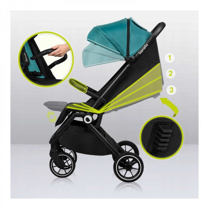 Lionelo - Carucior sport Cloe, De la nastere, Cu accesorii, Cadru din aluminiu, 0-22 kg, Usor, Pliabil cu o singura mana, Ideal pentru toate tipurile de suprafete, Verde smarald [7]