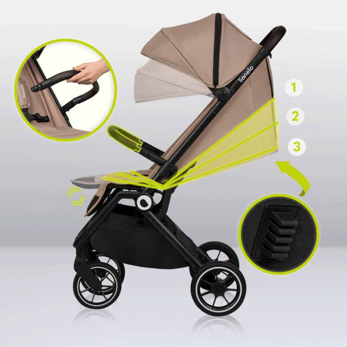 Lionelo - Carucior sport Cloe, De la nastere, Cu accesorii, Cadru din aluminiu, 0-22 kg, Usor, Pliabil cu o singura mana, Ideal pentru toate tipurile de suprafete, Bej [28]