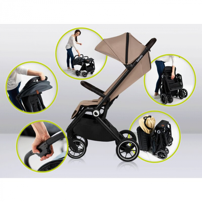 Lionelo - Carucior sport Cloe, De la nastere, Cu accesorii, Cadru din aluminiu, 0-22 kg, Usor, Pliabil cu o singura mana, Ideal pentru toate tipurile de suprafete, Bej [23]