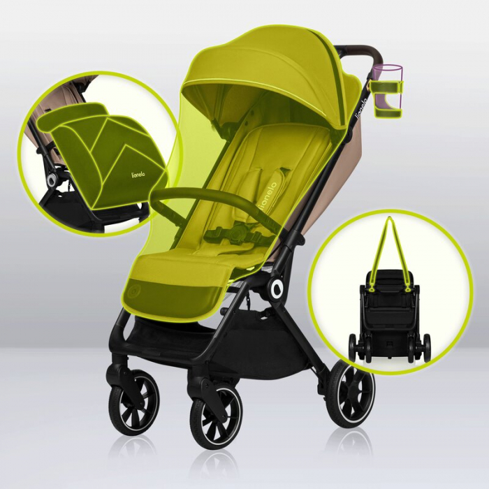 Lionelo - Carucior sport Cloe, De la nastere, Cu accesorii, Cadru din aluminiu, 0-22 kg, Usor, Pliabil cu o singura mana, Ideal pentru toate tipurile de suprafete, Bej [30]