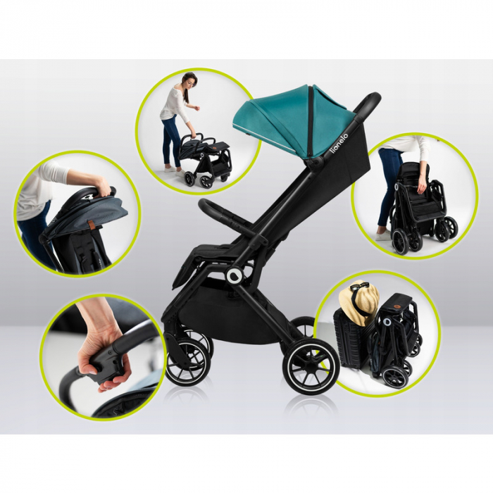 Lionelo - Carucior sport Cloe, De la nastere, Cu accesorii, Cadru din aluminiu, 0-22 kg, Usor, Pliabil cu o singura mana, Ideal pentru toate tipurile de suprafete, Verde smarald [25]
