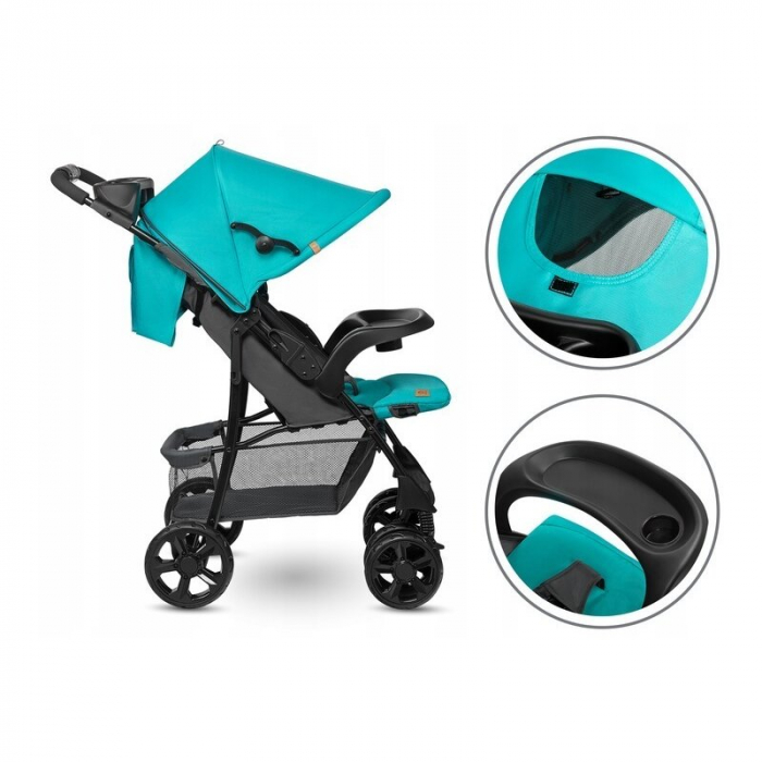 Lionelo - Carucior sport Emma Plus, Cu tavita, 2 Suporturi pentru pahar, Geanta accesorii, Conform cu standardul european de securitate EN1888-1, Vivid Turquoise [23]