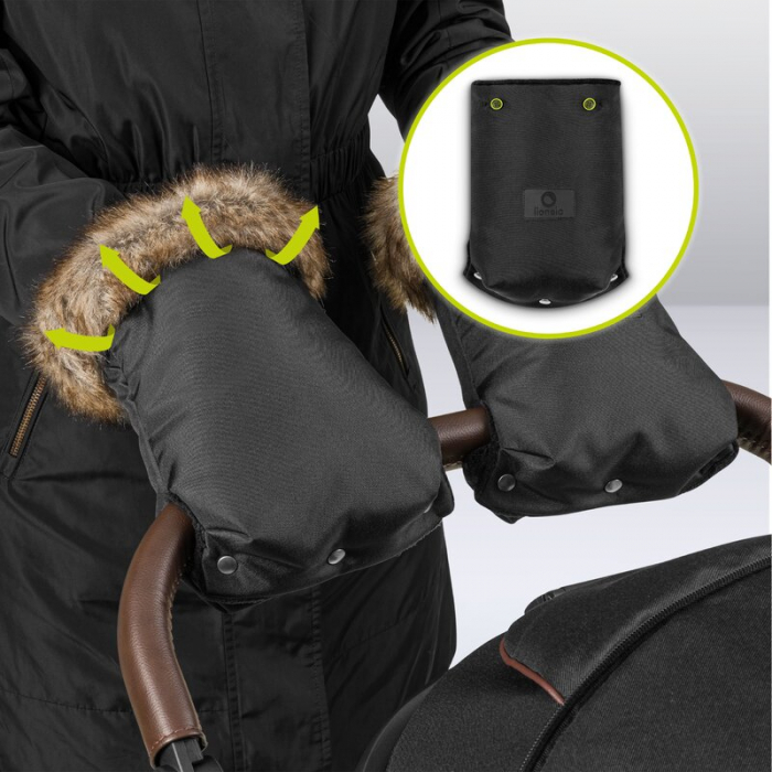 Lionelo - Manusi termice pentru carucior, Universale, Impermeabile, Interior din lana, Cu blana ecologica detasabila, Negru [11]