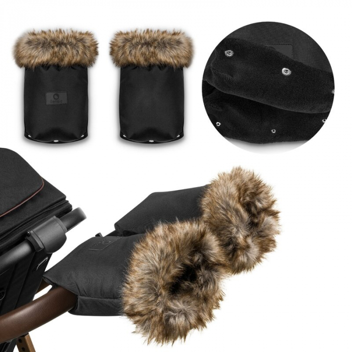Lionelo - Manusi termice pentru carucior, Universale, Impermeabile, Interior din lana, Cu blana ecologica detasabila, Negru [2]