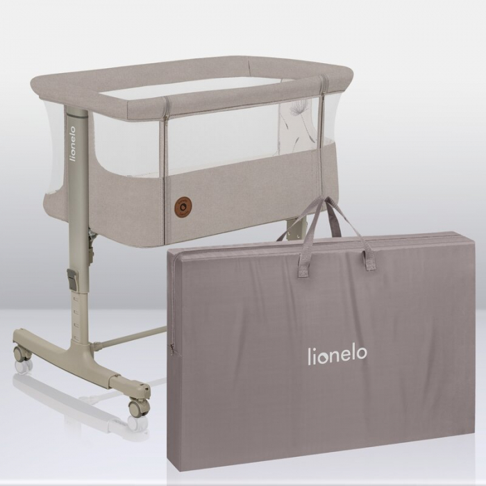 Lionelo - Patut co-sleeper 3 in 1, Aurora, Cu leganare si setare unghiulara, Include saltea cu densitate T25 si geanta transport, Reglabil in 5 pozitii, Pana la 9 kg, 0 luni+, 85x60x66 cm, Certificari [36]