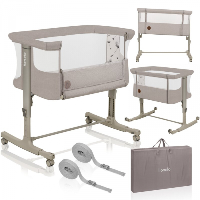 Lionelo - Patut co-sleeper 3 in 1, Aurora, Cu leganare si setare unghiulara, Include saltea cu densitate T25 si geanta transport, Reglabil in 5 pozitii, Pana la 9 kg, 0 luni+, 85x60x66 cm, Certificari [31]