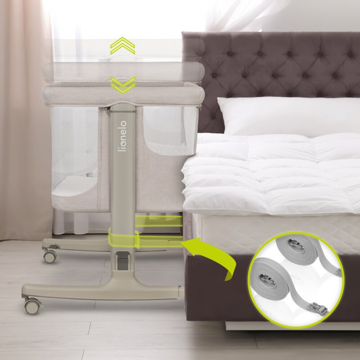 Lionelo - Patut co-sleeper 3 in 1, Aurora, Cu leganare si setare unghiulara, Include saltea cu densitate T25 si geanta transport, Reglabil in 5 pozitii, Pana la 9 kg, 0 luni+, 85x60x66 cm, Certificari [32]