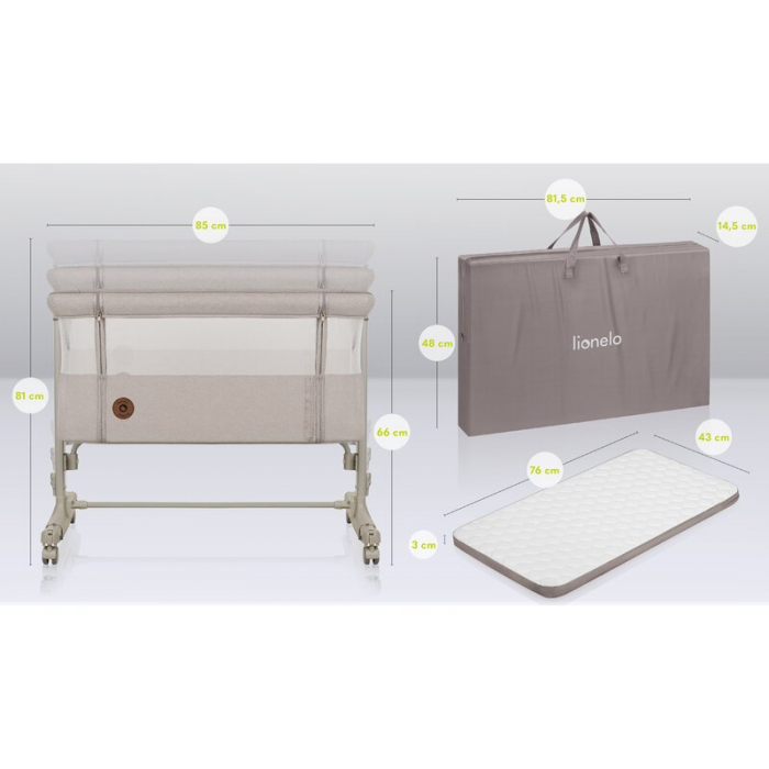 Lionelo - Patut co-sleeper 3 in 1, Aurora, Cu leganare si setare unghiulara, Include saltea cu densitate T25 si geanta transport, Reglabil in 5 pozitii, Pana la 9 kg, 0 luni+, 85x60x66 cm, Certificari [37]