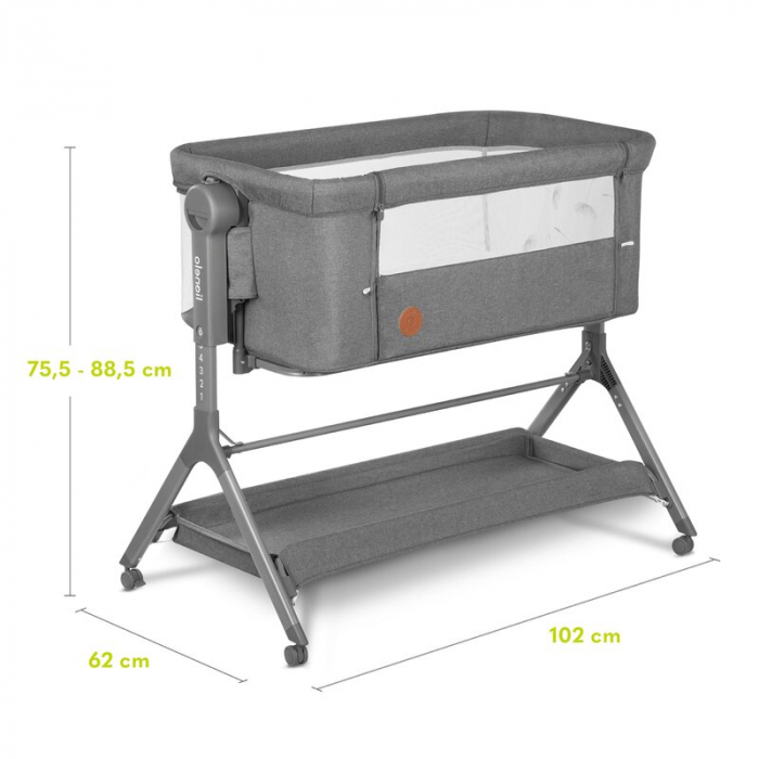 Lionelo - Patut co-sleeper Leonie Plus, Pliabil, Cu sistem de leganare, Cu setare unghiulara, Reglabil in 6 pozitii pe inaltime, Conform cu standardele europeane de securitate EN1130 si EN16890, Gri [41]