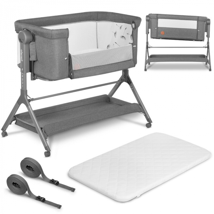 Lionelo - Patut co-sleeper Leonie Plus, Pliabil, Cu sistem de leganare, Cu setare unghiulara, Reglabil in 6 pozitii pe inaltime, Conform cu standardele europeane de securitate EN1130 si EN16890, Gri [42]
