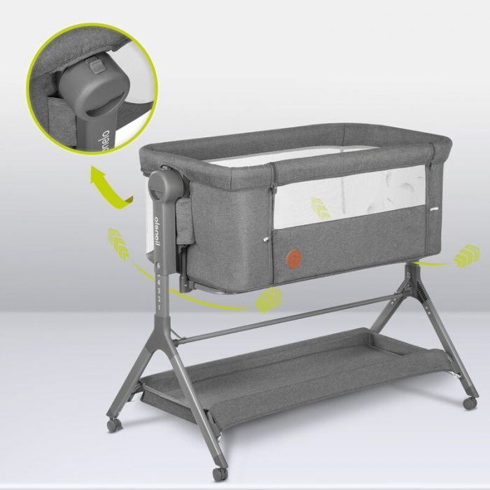 Lionelo - Patut co-sleeper Leonie Plus, Pliabil, Cu sistem de leganare, Cu setare unghiulara, Reglabil in 6 pozitii pe inaltime, Conform cu standardele europeane de securitate EN1130 si EN16890, Gri [37]