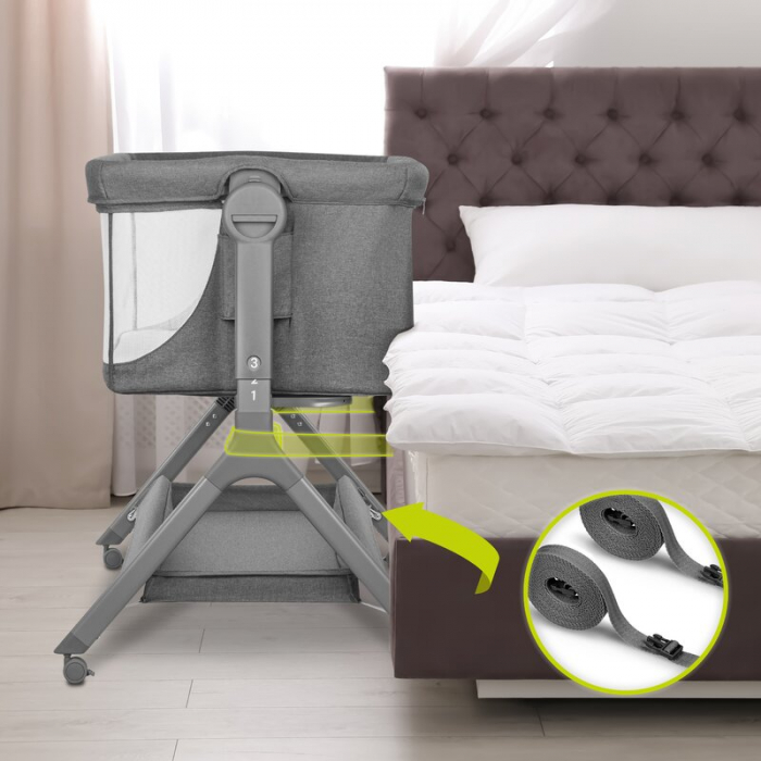 Lionelo - Patut co-sleeper Leonie Plus, Pliabil, Cu sistem de leganare, Cu setare unghiulara, Reglabil in 6 pozitii pe inaltime, Conform cu standardele europeane de securitate EN1130 si EN16890, Gri [36]