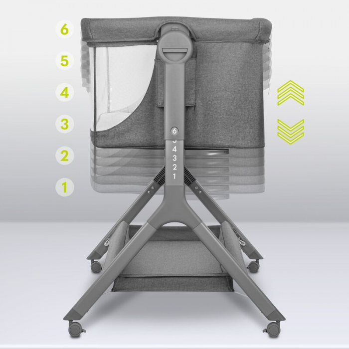 Lionelo - Patut co-sleeper Leonie Plus, Pliabil, Cu sistem de leganare, Cu setare unghiulara, Reglabil in 6 pozitii pe inaltime, Conform cu standardele europeane de securitate EN1130 si EN16890, Gri [35]