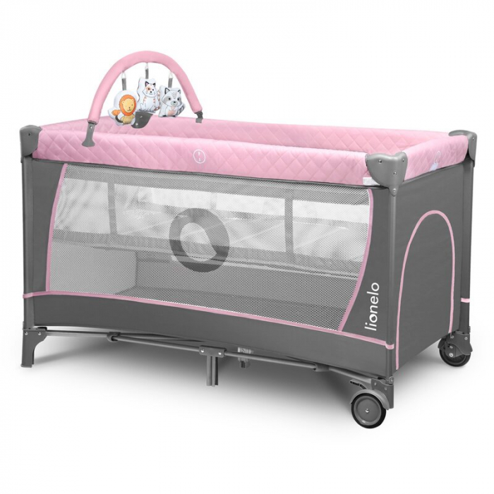 Patut pliant cu doua nivele 120x60cm  , Cu Geanta transport, Masuta de infasat, Bara cu jucarii,  Gri cu Roz [4]