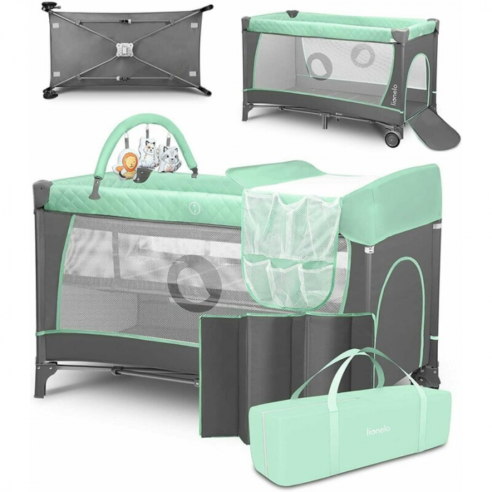 Patut pliant cu doua nivele 120x60cm , Cu Geanta transport, Masuta de infasat, Bara cu jucarii, Gri cu Turquoise [2]