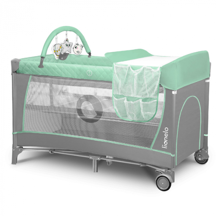 Patut pliant cu doua nivele 120x60cm , Cu Geanta transport, Masuta de infasat, Bara cu jucarii, Gri cu Turquoise [3]
