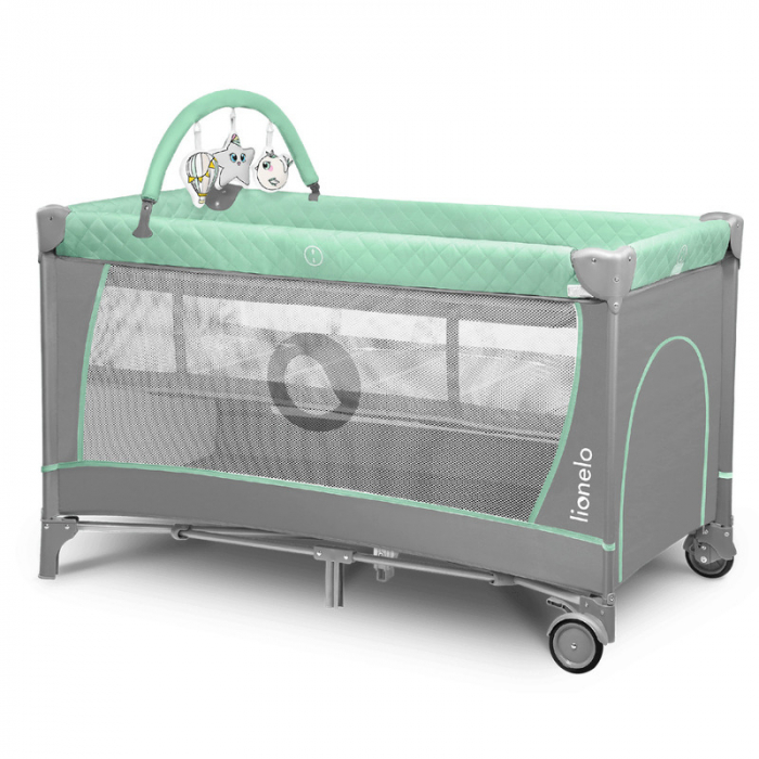 Patut pliant cu doua nivele 120x60cm , Cu Geanta transport, Masuta de infasat, Bara cu jucarii, Gri cu Turquoise [4]