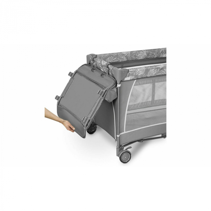 Lionelo - Patut pliant cu doua nivele Flower , Cu arcada, Geanta transport, Masuta de infasat, Bara cu jucarii, Fereastra laterala, 120x60 cm, Conform cu standardele europeane de securitate EN 716 si  [7]