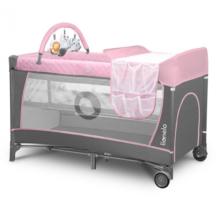 Patut pliant cu doua nivele 120x60cm  , Cu Geanta transport, Masuta de infasat, Bara cu jucarii,  Gri cu Roz [3]