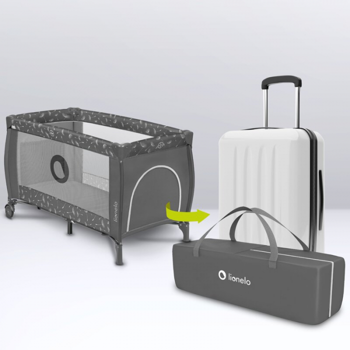 Lionelo - Patut pliant cu doua nivele Sven Plus, 120x60 cm, arcada jucarii, masuta de infasat, vibratii, melodii, conform cu standardele europeane de securitate EN716 si EN12221, Grey [26]