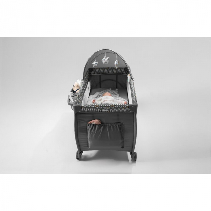 Lionelo - Patut pliant cu doua nivele Sven Plus, 120x60 cm, arcada jucarii, masuta de infasat, vibratii, melodii, conform cu standardele europeane de securitate EN716 si EN12221, Grey [37]