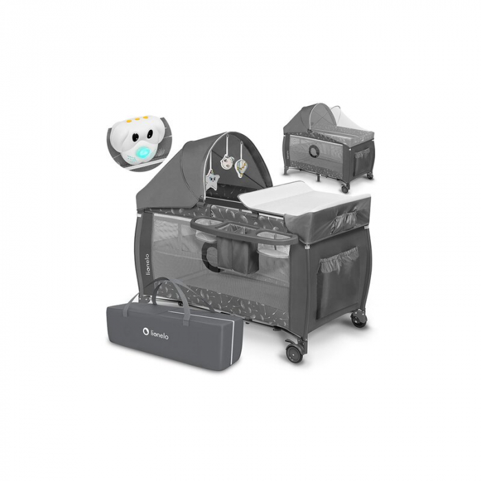 Lionelo - Patut pliant cu doua nivele Sven Plus, 120x60 cm, arcada jucarii, masuta de infasat, vibratii, melodii, conform cu standardele europeane de securitate EN716 si EN12221, Grey [21]
