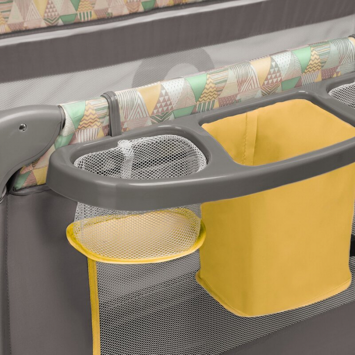 Patut pliant cu doua nivele, 120x60 cm, arcada jucarii, masuta de infasat, vibratii, melodii, Yellow Scandi [8]