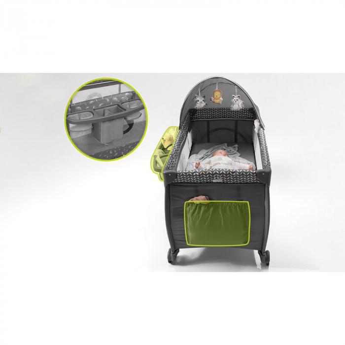 Lionelo - Patut pliant cu doua nivele Sven Plus, 120x60 cm, arcada jucarii, masuta de infasat, vibratii, melodii, conform cu standardele europeane de securitate EN716 si EN12221, Grey [31]